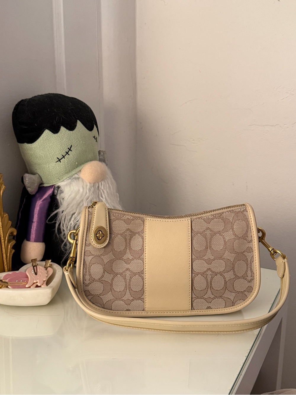 Coach Beige Signature Crossbody with Leather Trim